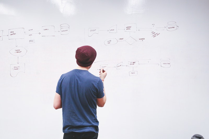 businessman writing on a white board